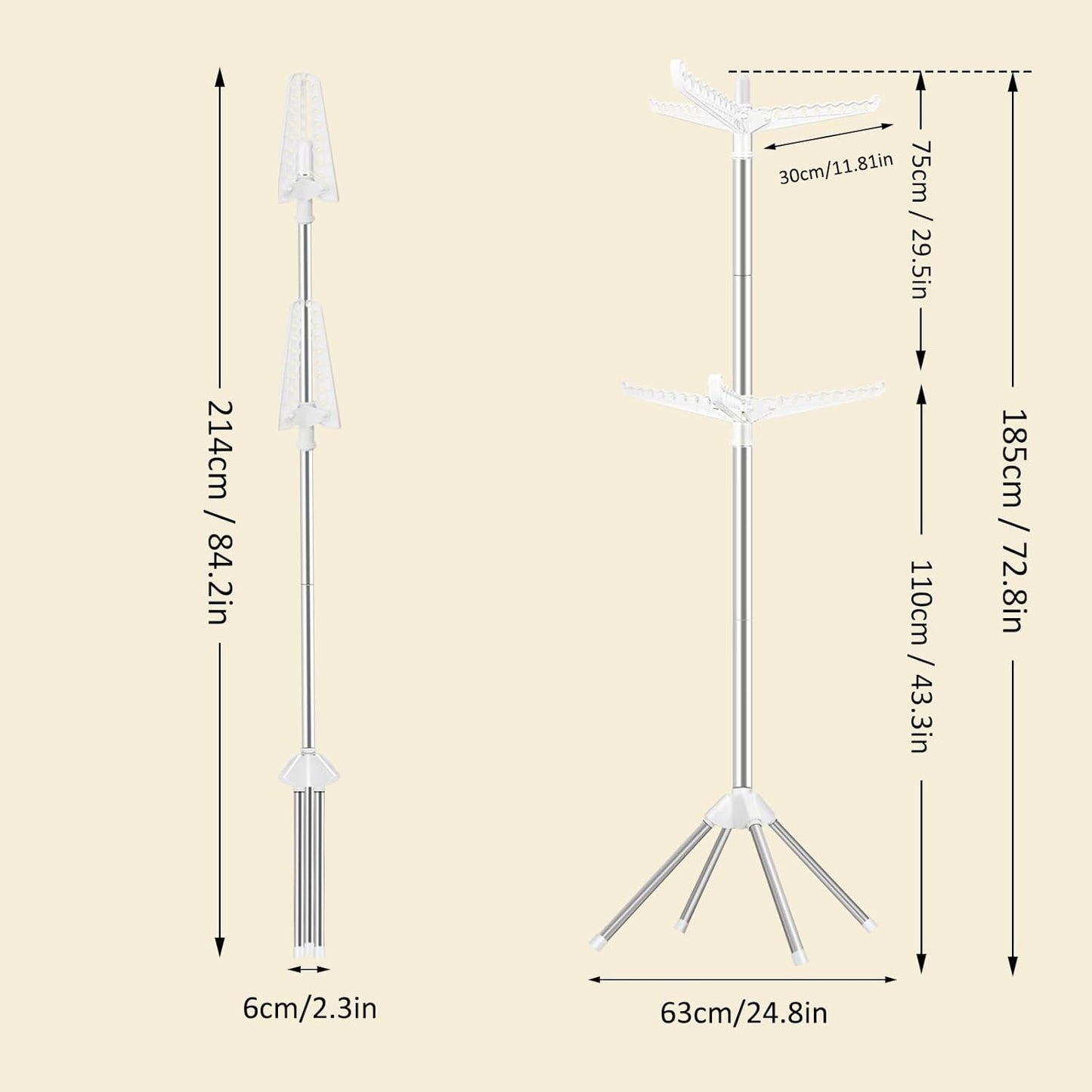 SUYU Clothes Drying Rack,Folding Clothes Drying Tree, 2 Layer with 6 Rotatable Arms,72-Inch Indoor Clothes Rack,Stainless Steel,4 Legs,White and Silver SNJ202