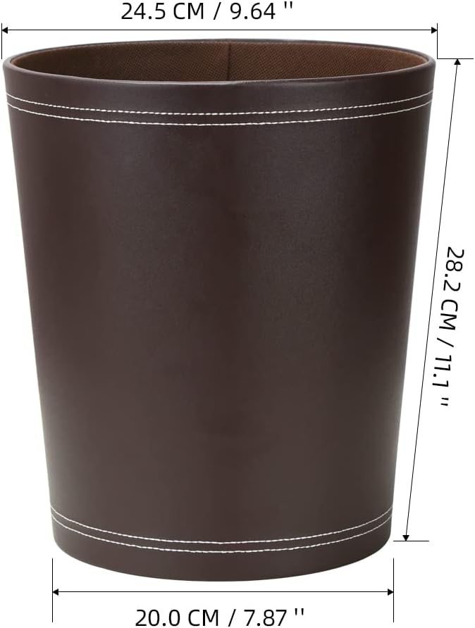 KINGFOM Classic Pu Leather Trash Can Wastebasket, Garbage Container Can for Bathrooms, Powder Rooms, Kitchens, Home, Office and and High Class Hotel Round Brown