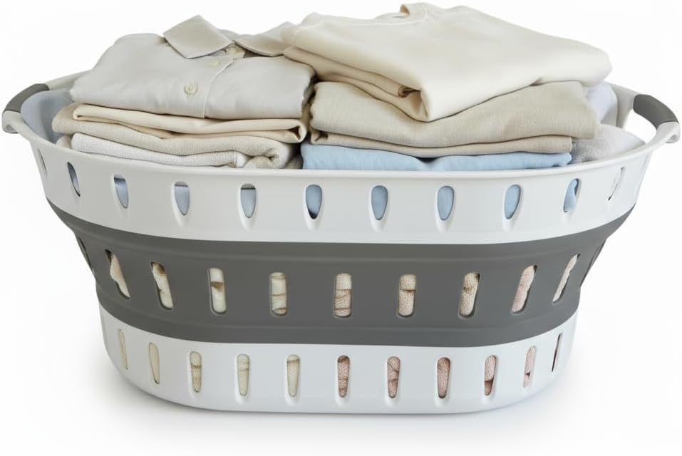 Premium Collapsible Laundry Baskets – Foldable Laundry Basket & Hamper Bin 45L with Handles for Clothes, Ventilated Plastic Storage, White & Grey for Bedroom, Bathroom or Laundry Room