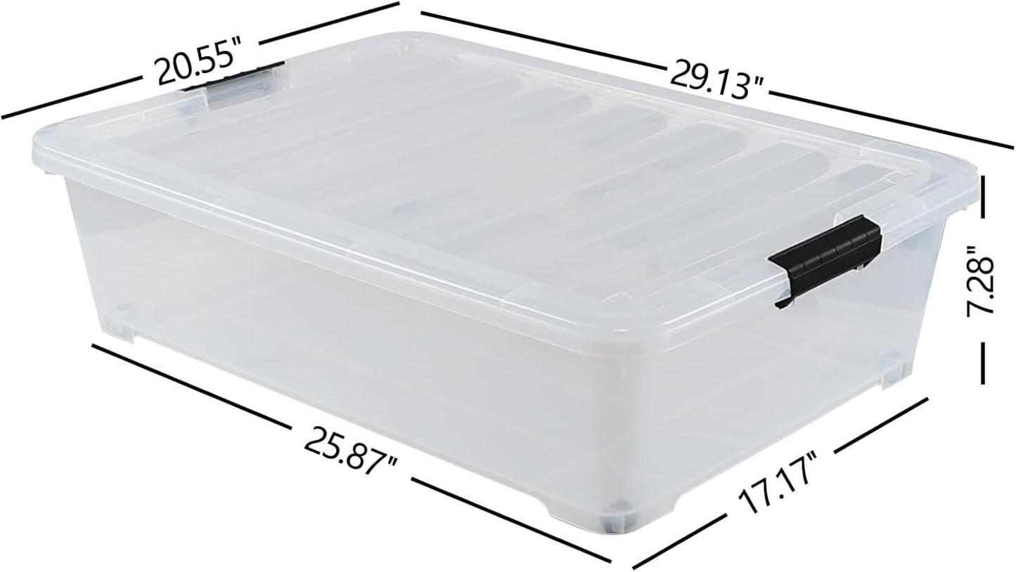 50 Quart Clear Plastic Under Bed Storage Bin with Lid, Underbed Storage Container with Wheels, 3-Pack