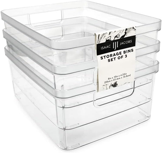 Isaac Jacobs 3-Pack Medium Clear Storage Bins (8” L x 10” W x 4.25” H) w/Cutout Handles, Plastic Organizer for Home, Office, Kitchen, Fridge/Freezer, Bathroom, BPA Free, Food Safe (3-Pack, Medium)