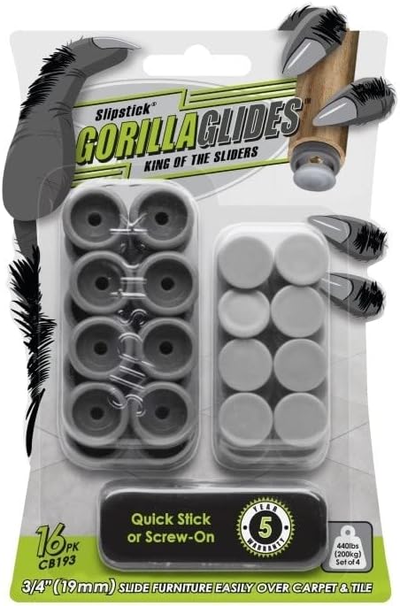 GorillaGlides CB193 3/4 Inch Chair Glides/Furniture Feet Floor Protectors (Set of 16 Sliders)