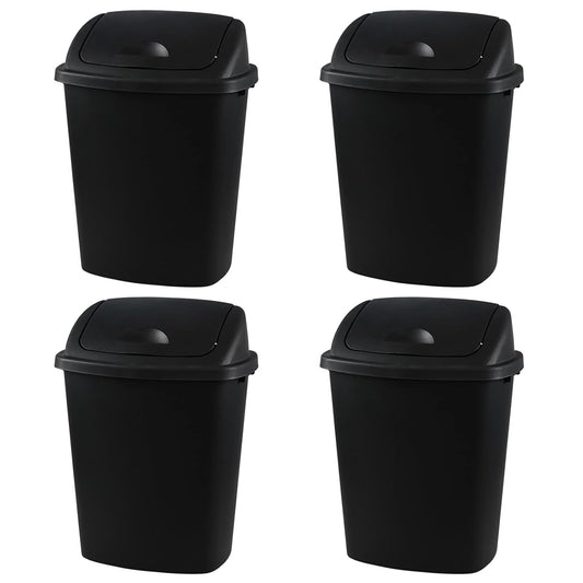 Bringer 10 Gallon Tall Kitchen Trash Can, Set of 4 Black Plastic Garbage Can with Swing Lid