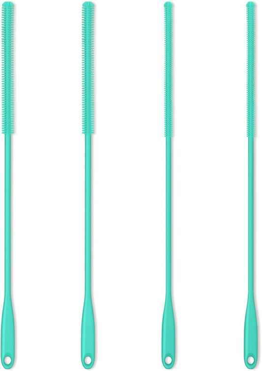 Silicone Straw Brush 4 Pack - (2 Small, 2 Wide) - 10 Inches Reusable Straw Cleaner, Pipe Cleaners, Straw Cleaning Tool for Drinking Straws, Pipes, Tubes, Glass and Detailing (Teal)