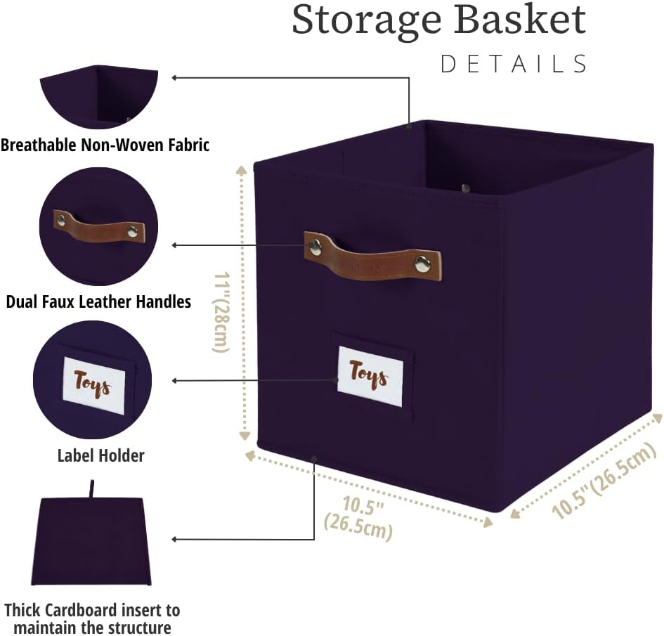 DECOMOMO Storage Bins, Cube Storage Bin with Labels, Fabric Storage Cubes for Shelves (10.5" x 11" / 6pcs, Deep Purple)