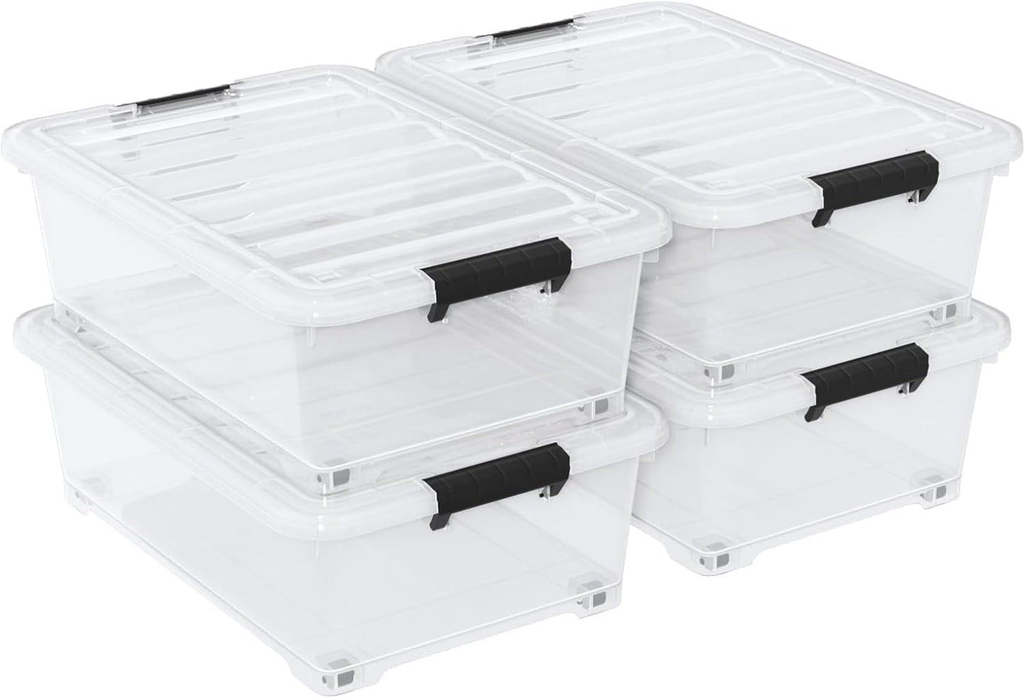 4 Pack Multipurpose 25 Qt Underbed Secure Latching Bin, Plastic Storage Container with Snap-On Lid and Wheels, Clear