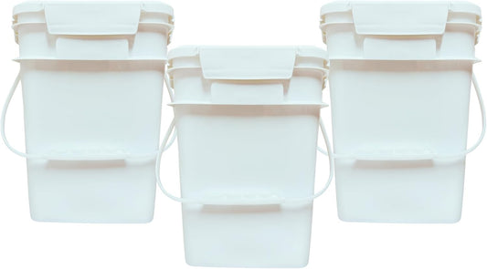 House Naturals 4 Gallon Square Food Grade Bucket Pail with Plastic Handles and Lid (Pack of 3) Made