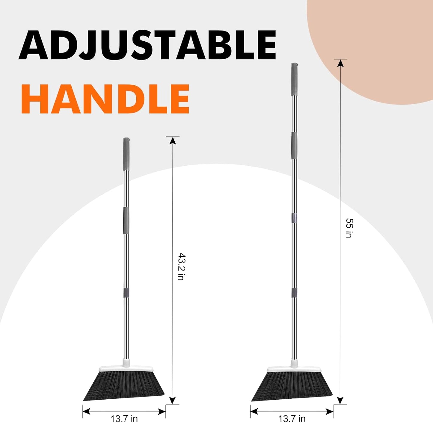 NACENA Heavy Duty Broom, 55 Inch Long Handle Outdoor Large Angle Brooms, Commercial Broom for Sweeping Indoor, for Home Garage Kitchen Office Courtyard Lobby Patio Lawn Concrete, 2 Pack (Grey&White)