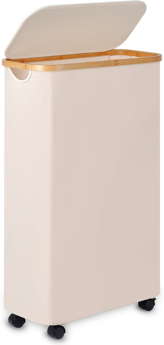 Slim Laundry Basket with Wheels,Narrow Hampers for Laundry,Freestanding Laundry Hamper with Lid&Bamboo Handles,Collapsible & Waterproof Tall Cloth Hamper for Dorm Family(60L Beige)