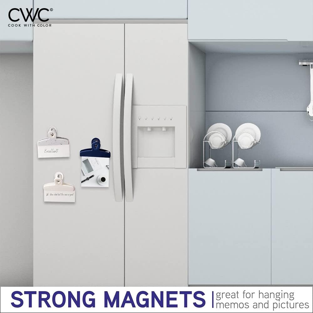 COOK WITH COLOR Bag Clips - Heavy Duty Chip Clip and Refrigerator Magnet Clips for Food Storage with Air Tight Seal Grip, Blue and White, Pack of 8 Large Clips