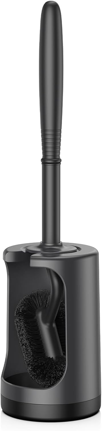 HAMITOR Toilet Bowl Brush Holder Set: Curved Design with Holder for Deep Cleaning Under Rim - Compact Hidden Scrubber for Small Space - Modern RV Bathroom Accessories - Black