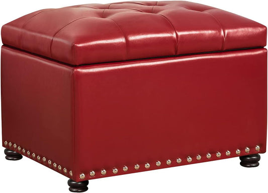 24'' Leather Storage Ottoman Rectangular Foot Rest Stool with Nailhead Trim for Bedroom Living