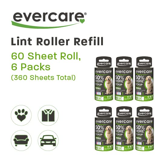 Evercare Pet Lint Roller Refill, Manual Operation, 60 Sheets per Roll, 6 Count Refill Pack for Pet