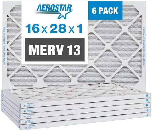 Aerostar 16x28x1 MERV 13 Pleated Air Filter, AC Furnace Air Filter, 6 Pack (Actual Size: 16" x 28"