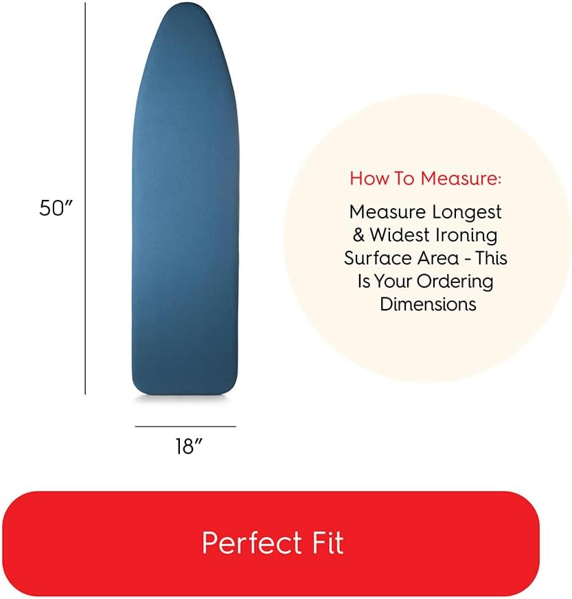 TIVIT Ironing Board Cover 18 x 50, Performance Grade Titanium Coated Pro Grip Pad & Covers - Superior Scorch & Stain Resistance, High Heat Reflection, 3 Padded Layers 3 Fastener Straps - Made In Italy