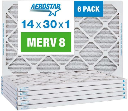 Aerostar 14x30x1 MERV 8 Pleated Air Filter, AC Furnace Air Filter, 6 Pack (Actual Size: 13 7/8" x