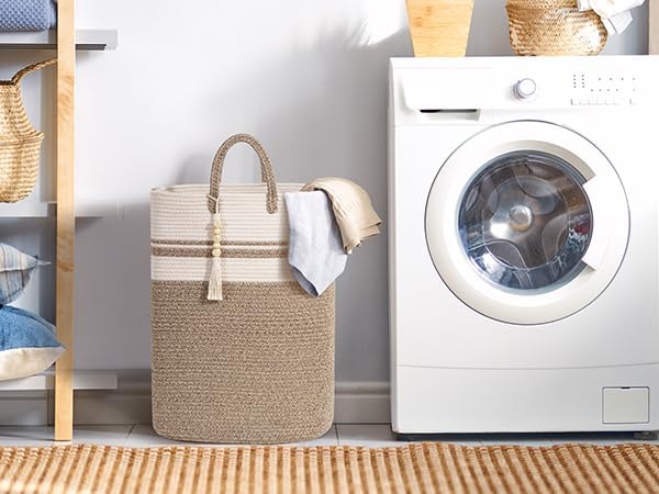 Woven Laundry Basket for Clothes, 80 L Large Rectangle Laundry Hampers with Beads Tassel, Nursery Storage Basket for Toys, Tall Dirty Clothes Hamper for Bedroom Aesthetic, Laundry Room Organization