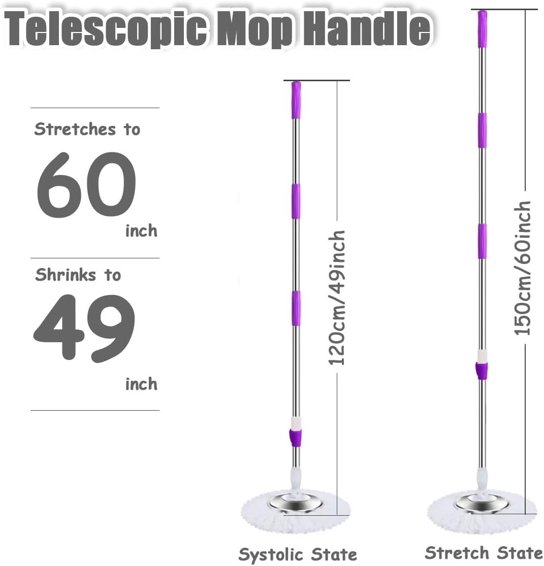 Extended Spin Mop Replacement Mop Handle, Upgraded 60-inch 360 Degrees Rotating Telescopic Replacement Mop Stick for Spin Mop Bucket Cleaning System (Stainless Steel Disc, Green)