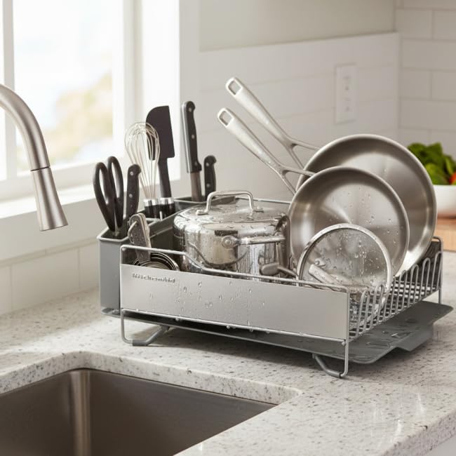 KitchenAid Large Capacity Full Size Rust Resistant Dish Rack with Angled Drain Board and Removable