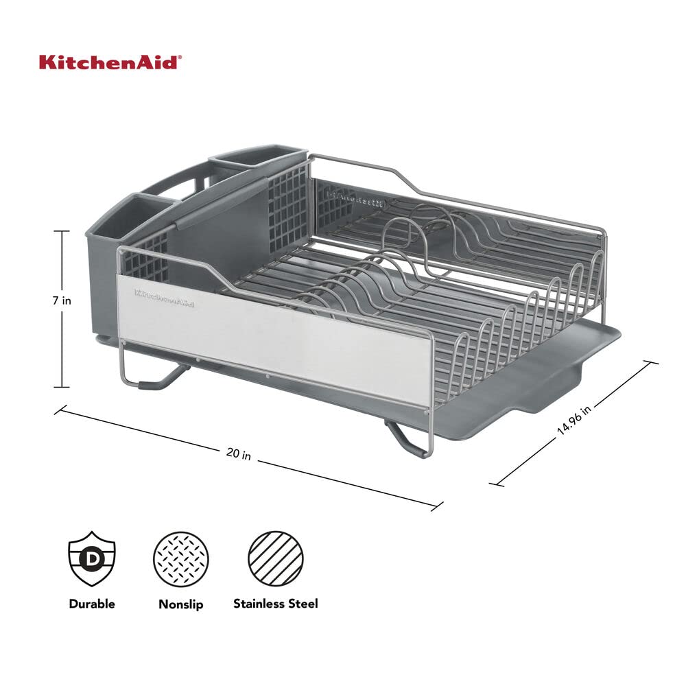 KitchenAid Large Capacity Full Size Rust Resistant Dish Rack with Angled Drain Board and Removable