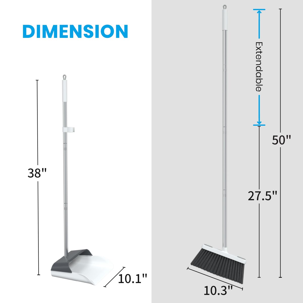 Stand Up Dustpan and Broom Set 50” Long Handle Broom with Dust Pan, 20° Angled for Ergonomic Home