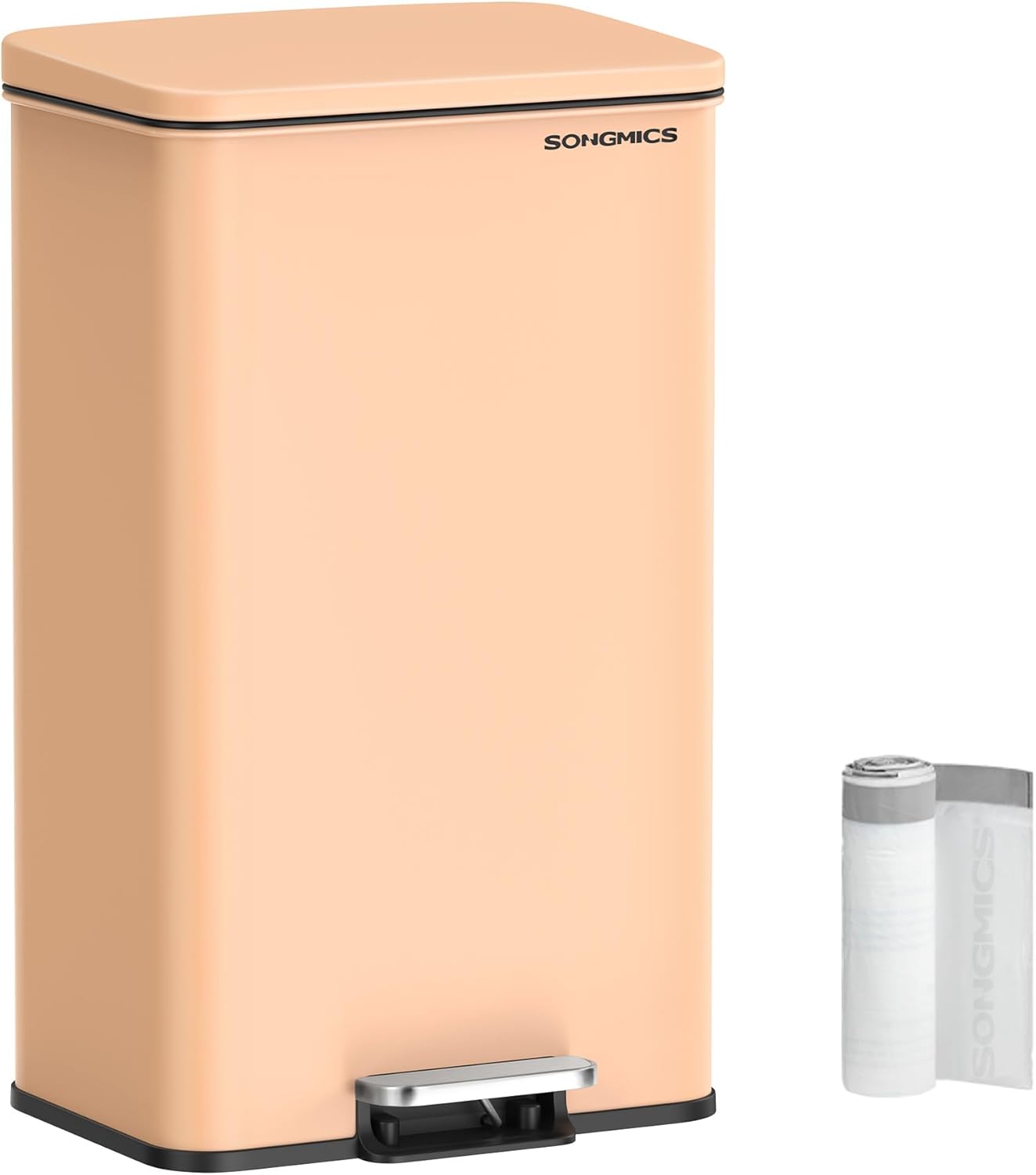 SONGMICS Kitchen Trash Can, 10.5 Gallon (40 L) Garbage Can, Large Step Trash Bin with Lid, Stainless Steel, Soft Close, 15 Trash Bags Included, Peach Fuzz ULTB540R01