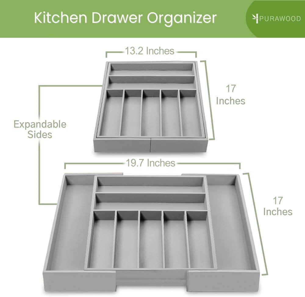 Purawood Bamboo Drawer Organizer - Expandable Silverware Organizer & Utensil Organizer, Cutlery Tray with Dividers, 7-9 Slots - Premium Kitchen Drawer Organizer for Utensils & Flatware (Grey)