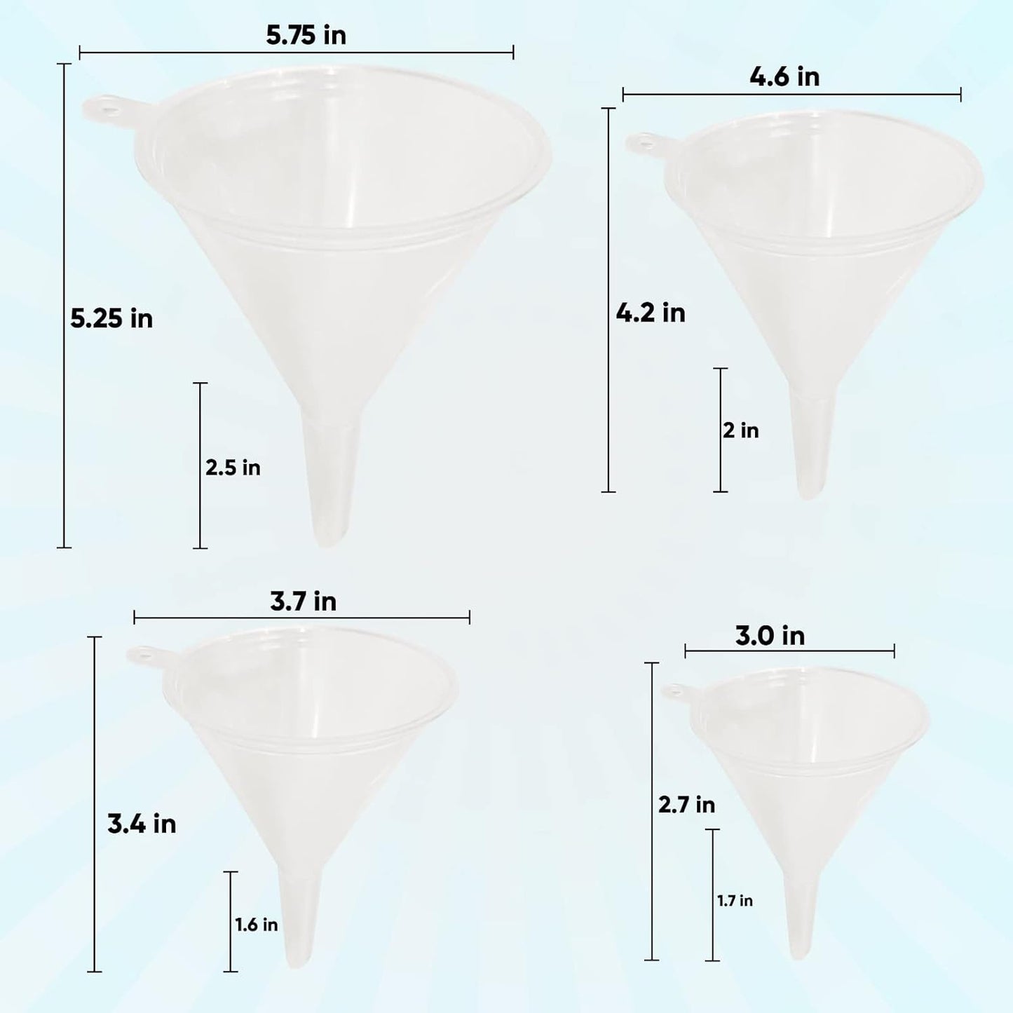 Funnel Set (4 Sizes: 122, 101, 76, 50mm) - Durable, Non-Toxic, Food-Grade Plastic funnels for Filling Bottles and containers. Ideal for Kitchen, Garage, or Labs. Perfect for Precise Pouring.