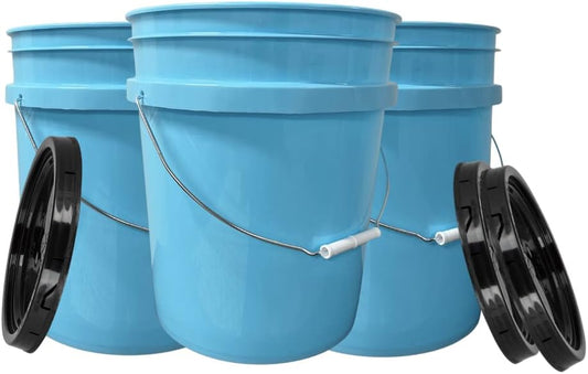 House Naturals Baby Blue 5 gal Food Grade Plastic Bucket Pail Container with Lid (Pack of 3) Made