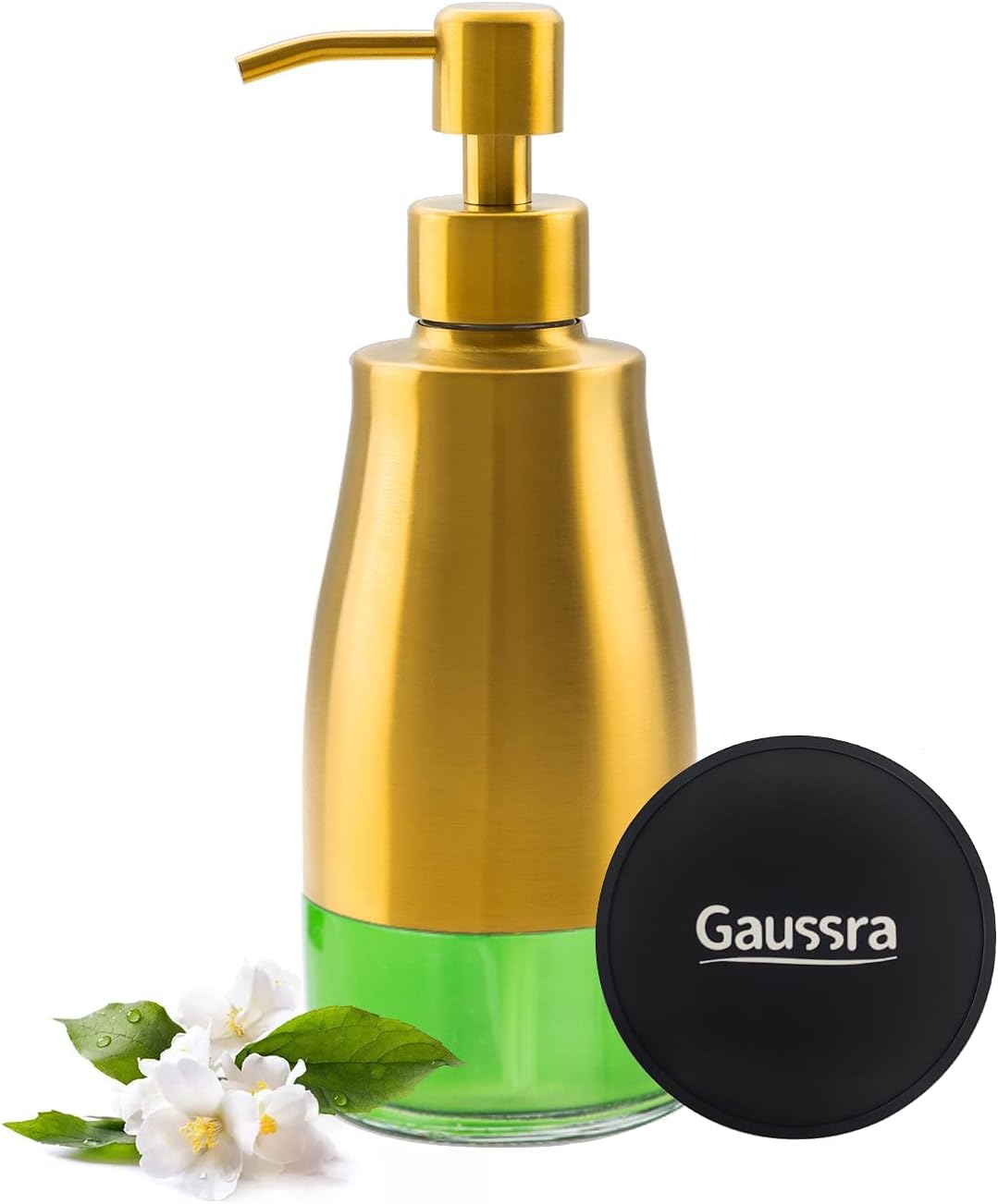 Gaussra Soap Dispenser with Coaster and Stickers, Brushed Gold Stainless Steel Glass Hand Pump Dispenser, Anti Rust Bottle, for Kitchen & Bathroom Detergent Bottle，Refillable Hand Liquid Dispenser