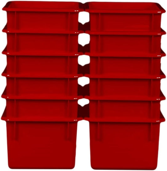 Wood Designs Cubby Storage Bin, Heavy Duty Plastic Containers for Kids Red Cubby Tray Set of 12