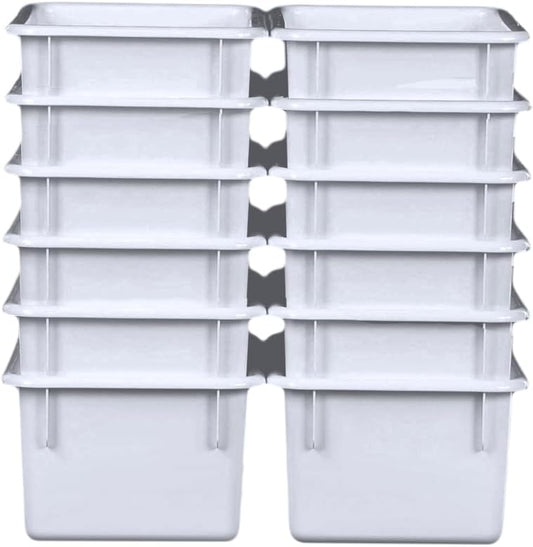 Wood Designs Cubby Storage Bin, Heavy Duty Plastic Containers for Kids White Cubby Tray Set of 12