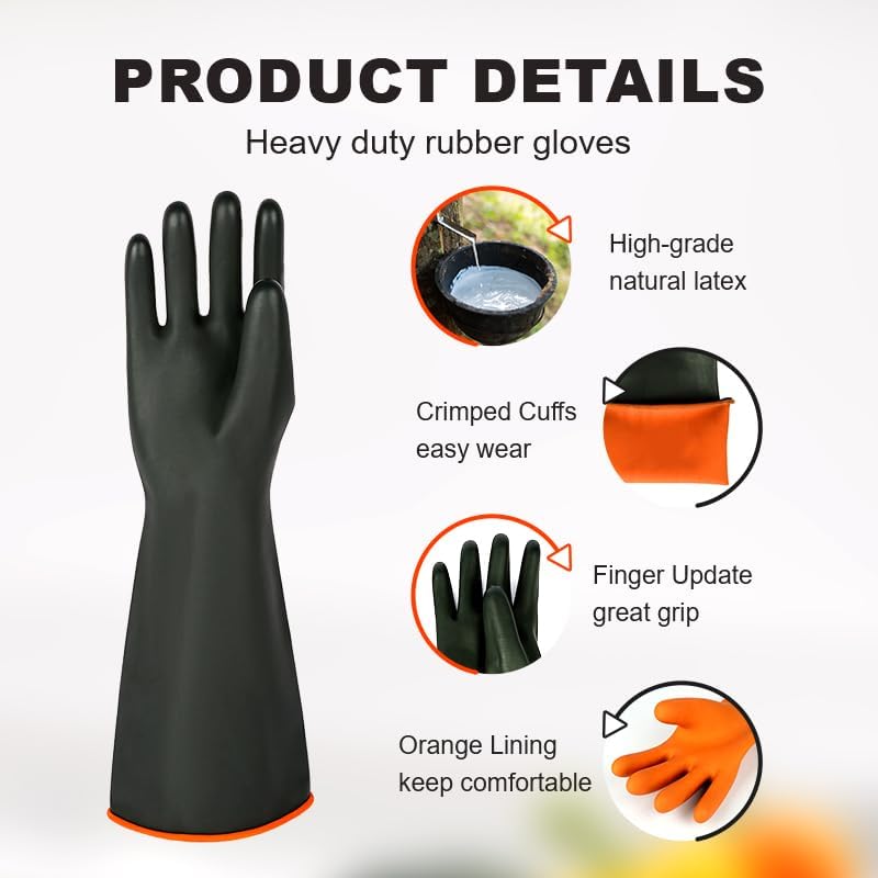 Heavy-Duty Latex Chemical Resistant Gloves - Reusable Long Rubber Dishwashing Gloves with Forearm Protection for Men - Waterproof, Industrial Safety Gear, Acid & Alkali Resistant, Oil-Proof,14“，1 Pair