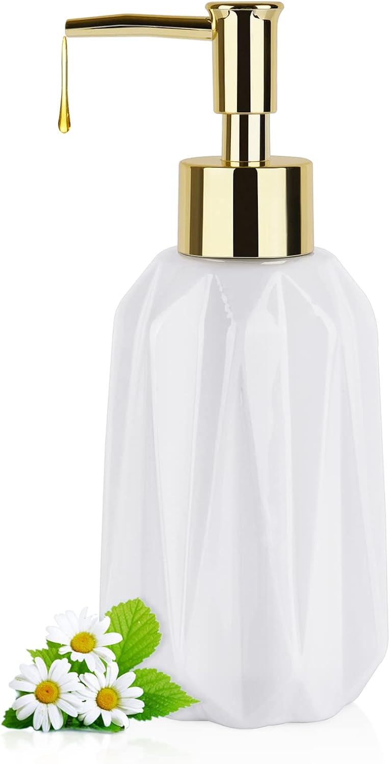 Natheeph Dish Soap Dispenser, Hand Soap Dispenser Ceramic Bottle, Refillable Liquid Great for Kitchen Dish Soap, Hand Soap, Essential Oil & Lotion (New White)