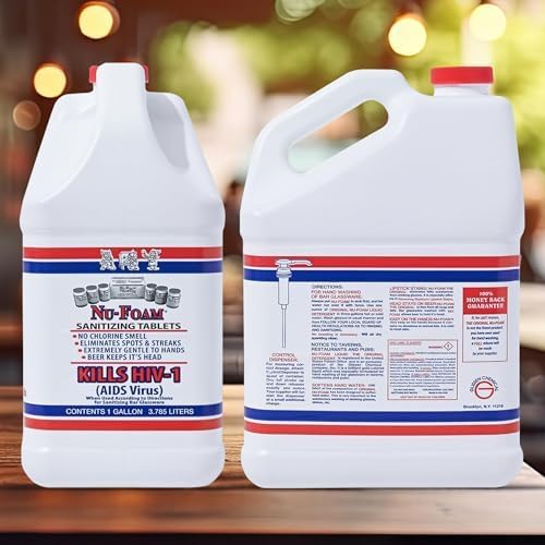 Nu-Foam Liquid Detergent for Bar Glassware – Original Streak-Free Solution - Hand Washing Bar, Tavern, Brewery Supplies - Spotless Serving Glasses - Concentrated- Easy On Hands - 1 Gallon- 4 Pack Case