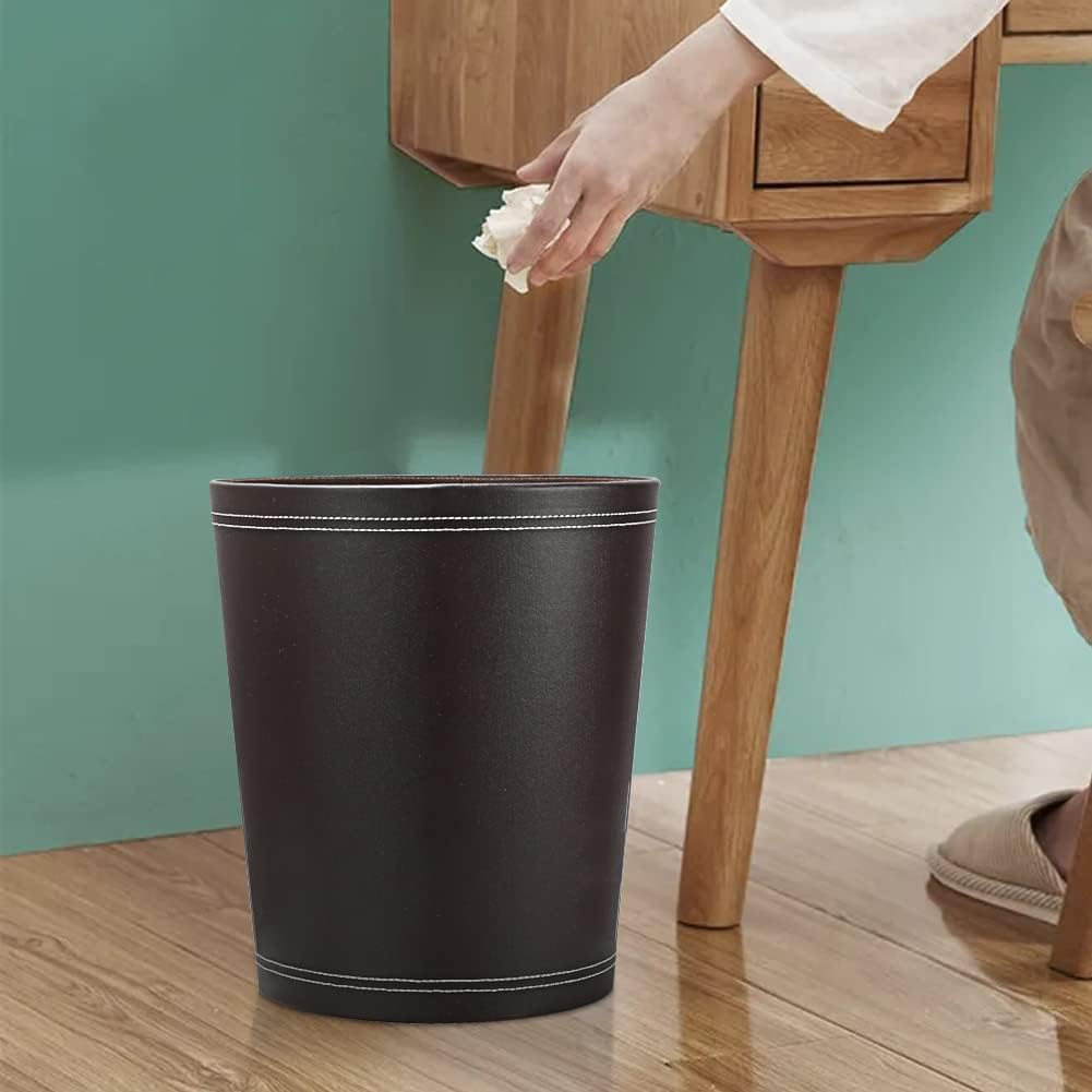 KINGFOM Classic Pu Leather Trash Can Wastebasket, Garbage Container Can for Bathrooms, Powder Rooms, Kitchens, Home, Office and and High Class Hotel Round Brown