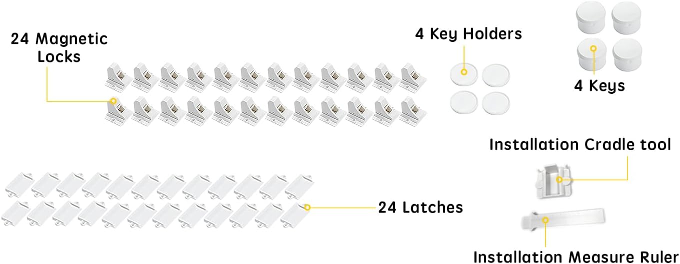 Vmaisi Adhesive Magnetic Locks for Cabinets & Drawers (24 Pack and 4 Keys + Cradle)