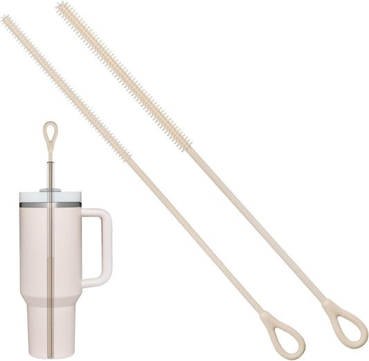 2Pcs Silicone Straw Cleaner Brush, 9.84in Reusable Straw Cleaner with Bendable Steel Core, Extra Long Soft Bottle Brush for Clearing Glass Straws, Smoothie Straws, 9mm&6mm (Beige)