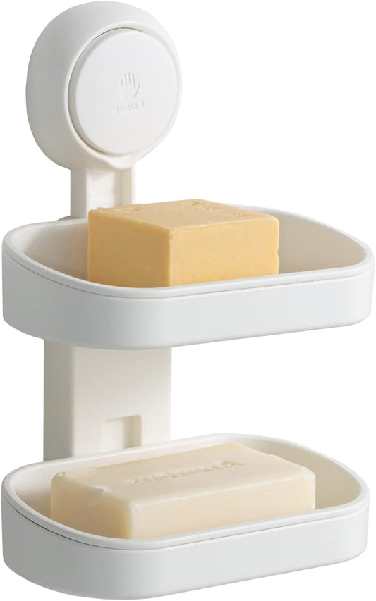 LEVERLOC Soap Dish Holder for Shower Double Layer Suction Cup Wall Mounted NO-Drilling Self Draining Removable Waterproof Strong Suction Bar Soap Sponge Holder for Shower Bathroom Bathtub Kitchen