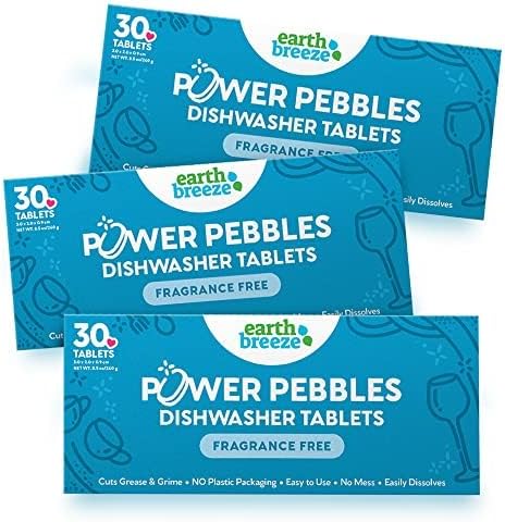 Earth Breeze Power Pebbles Dishwasher Tablets, Tough on Grease, Gentle on Dishes, Fragrance Free Dish Detergent & Dishwasher Cleaner, Kitchen Cleaning Supplies for Sparkling Results, 90 Tabs (3-Pack)