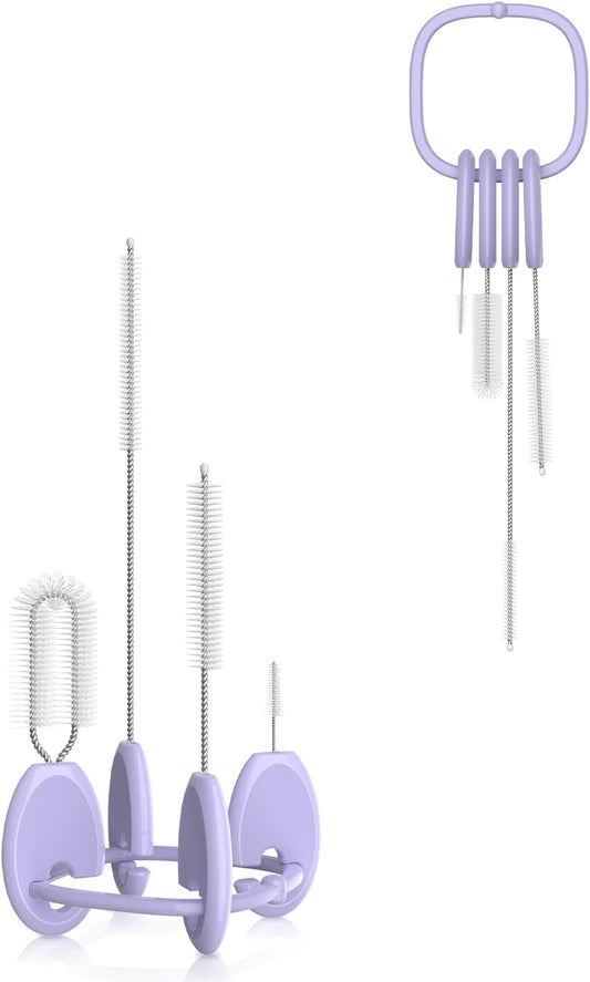 YOTIME Standing Straw Cleaner Brush Set, 4in1 Reusable Straw Brushes with Holder Ring, for Baby Bottles, Sippy Cups and Lids, Purple