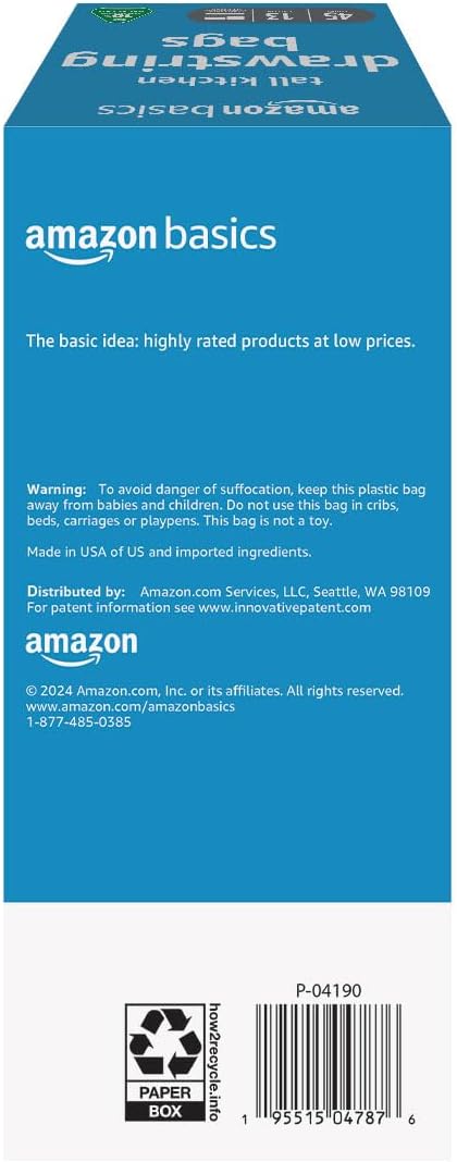 Amazon Basics 13 Gallon Tall Kitchen Drawstring Trash Bags, Unscented, 10% Post Consumer Recycled, 45 Count