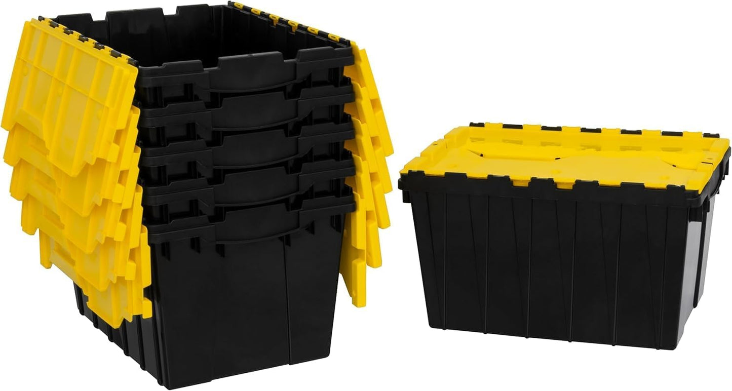 Akro-Mils KeepBox 12 Gallon Storage Container, Nesting and Stackable Plastic Storage Box with Lid Attached, Clear Tote for Garages, Closets, and Moving, 21-1/2" x 15" x 12-1/2", Black/Yellow, 6-Pack