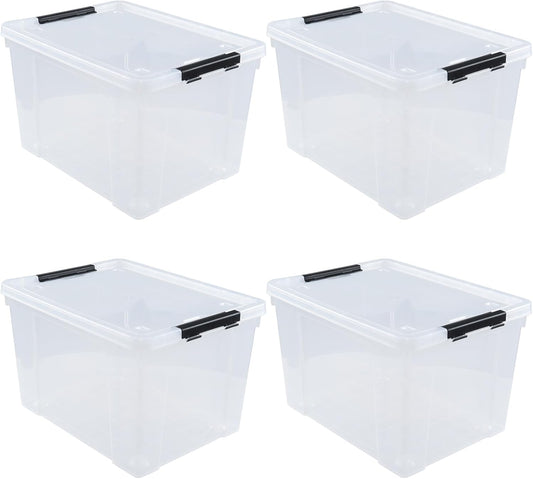 4-Pack 50 L Clear Plastic Storage Bin, Large Clear Latch Box with Wheels
