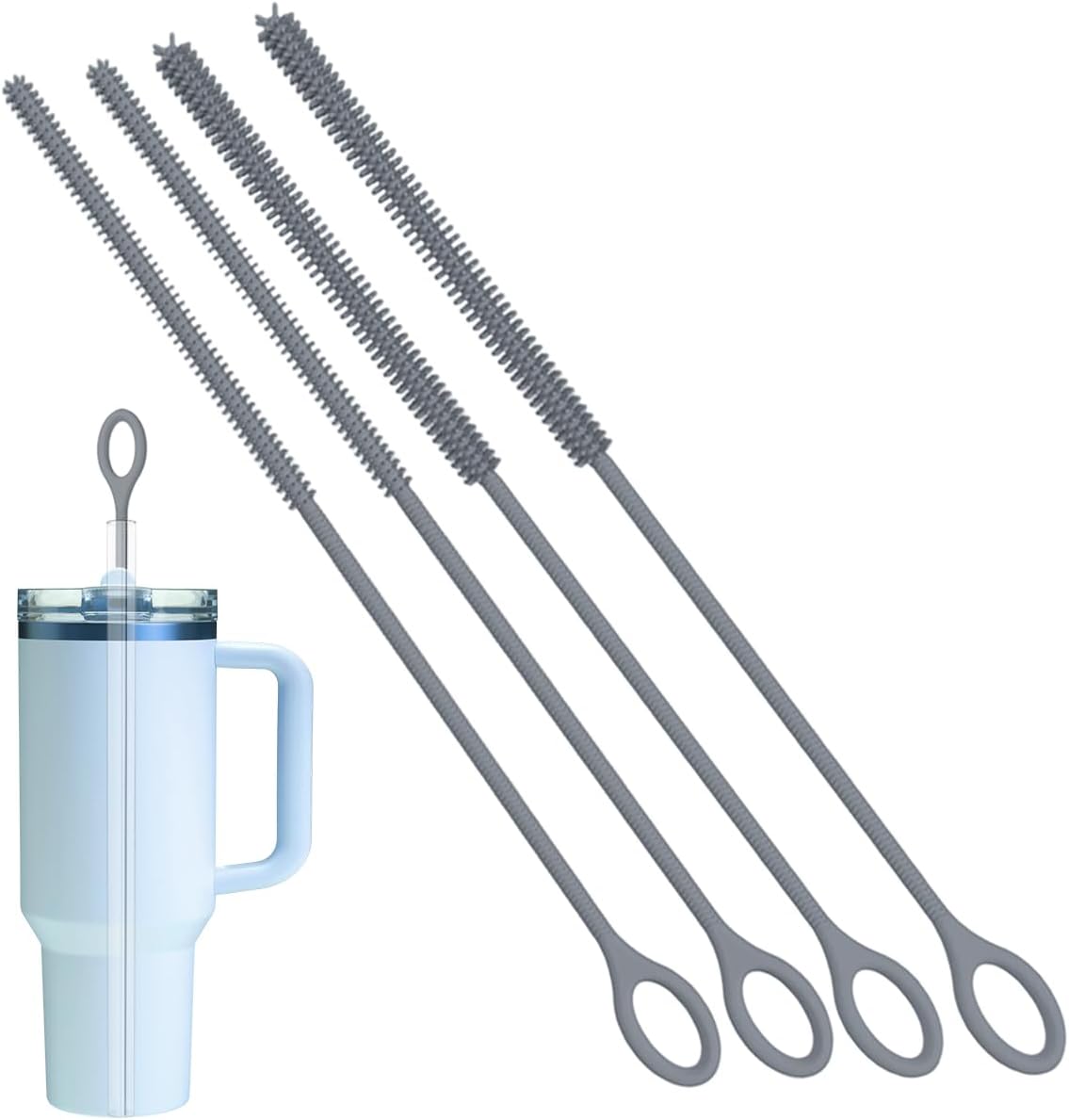 4PCS Silicone Straw Cleaner Brush, Reusable Straw Brush Extra Long for Cleaning Glass Metal Smoothie Straws and Cups, Non-Slip Handle Soft and Bendable, 2 PCS 6mm+2 PCS 9mm, Grey