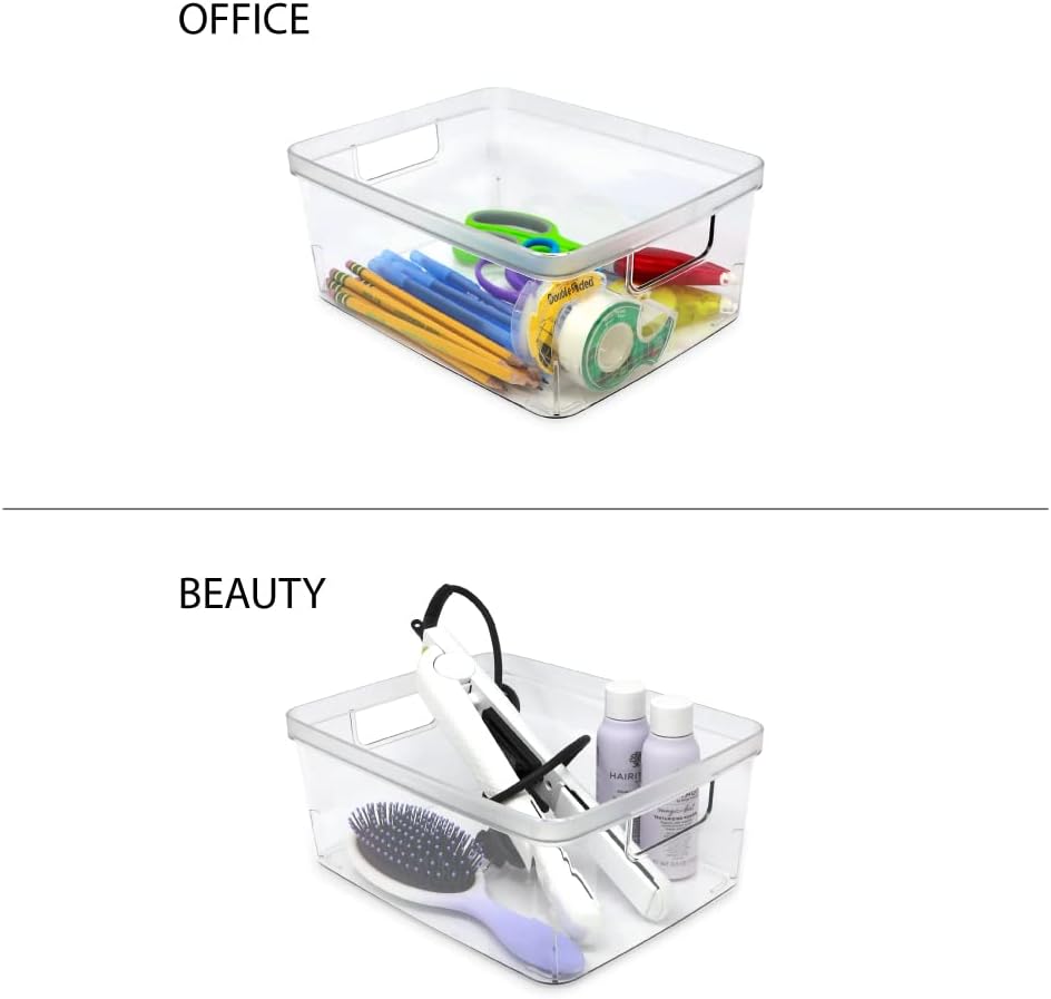 Isaac Jacobs 3-Pack Medium Clear Storage Bins (8” L x 10” W x 4.25” H) w/Cutout Handles, Plastic Organizer for Home, Office, Kitchen, Fridge/Freezer, Bathroom, BPA Free, Food Safe (3-Pack, Medium)