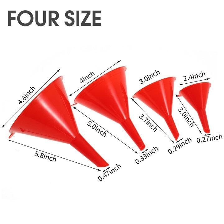 Oil Funnel Set - Plastic Funnel Kit for Car & Kitchen Use - Filling Bottles, Jars & Containers - Mini, Small & Large (4)