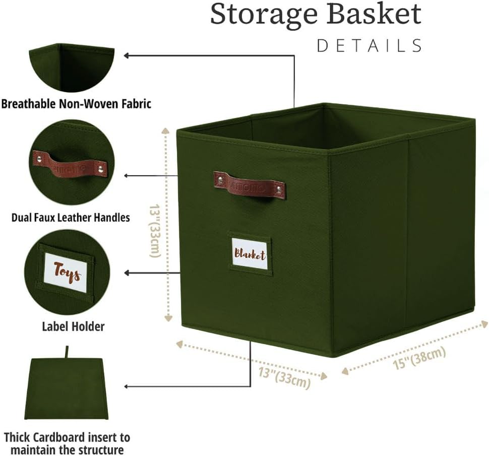 DECOMOMO Storage Baskets, 13x15x13 Storage Cube Bins with Labels for Organizing Shelves Kallax (Kallax / 4pcs, Olive Green)