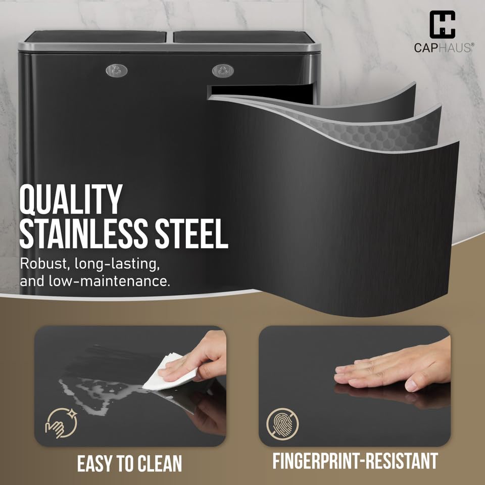 CAPHAUS Black Dual Trash Can w/Double Lid, Trash & Recycle Bins Combo, Hands-Free Stainless-Steel Garbage Can for Kitchen, with 2 Compartment, Hinged Lid, Odor Filters, Handles, 25L+25L, 2 x 6.6 Gal