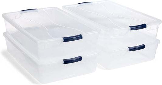 Rubbermaid Cleverstore 42 Quart Stackable Plastic Storage Bin with Lids for Garage, Closet, and Classroom, Clear, 4 Pack
